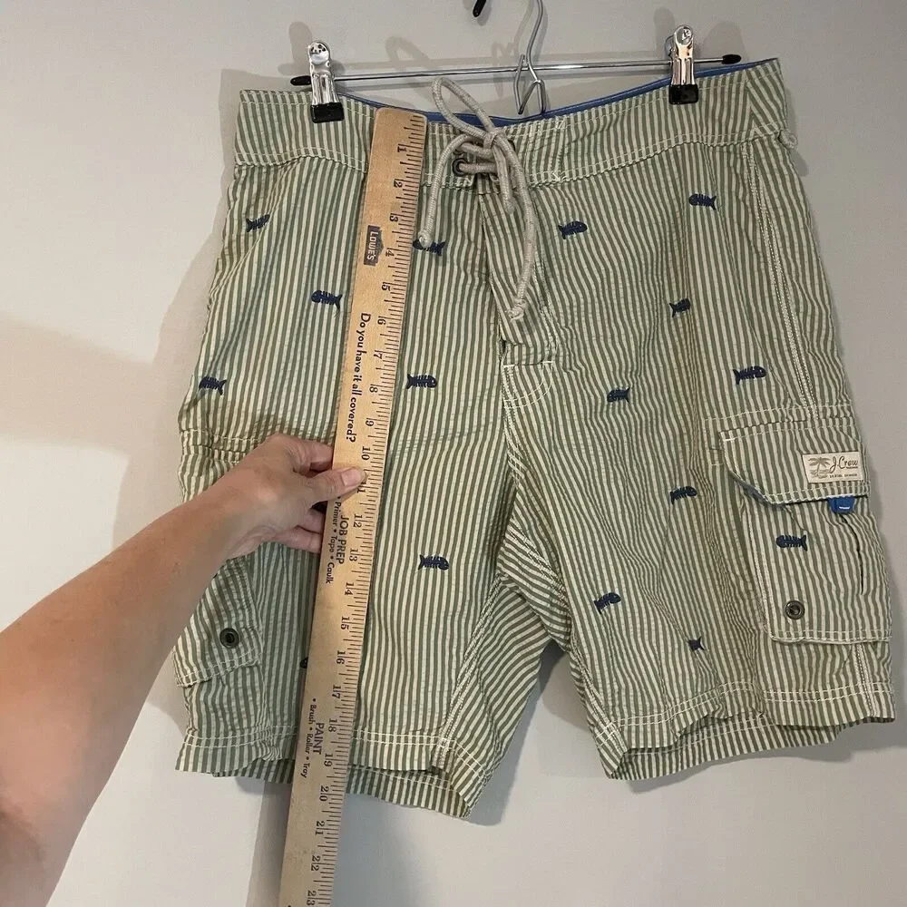 J Crew Swim Shorts Sz 32 Green Striped Seersucker Fish Embroidered Trunks